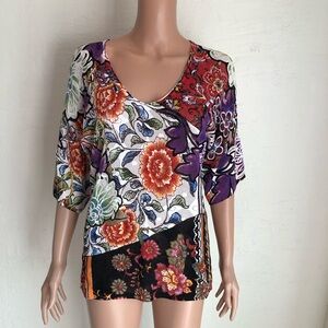 ALBERTO MAKALI Floral Cardigan Sweater Short Sleeves Women’s Size M Knitted Mesh